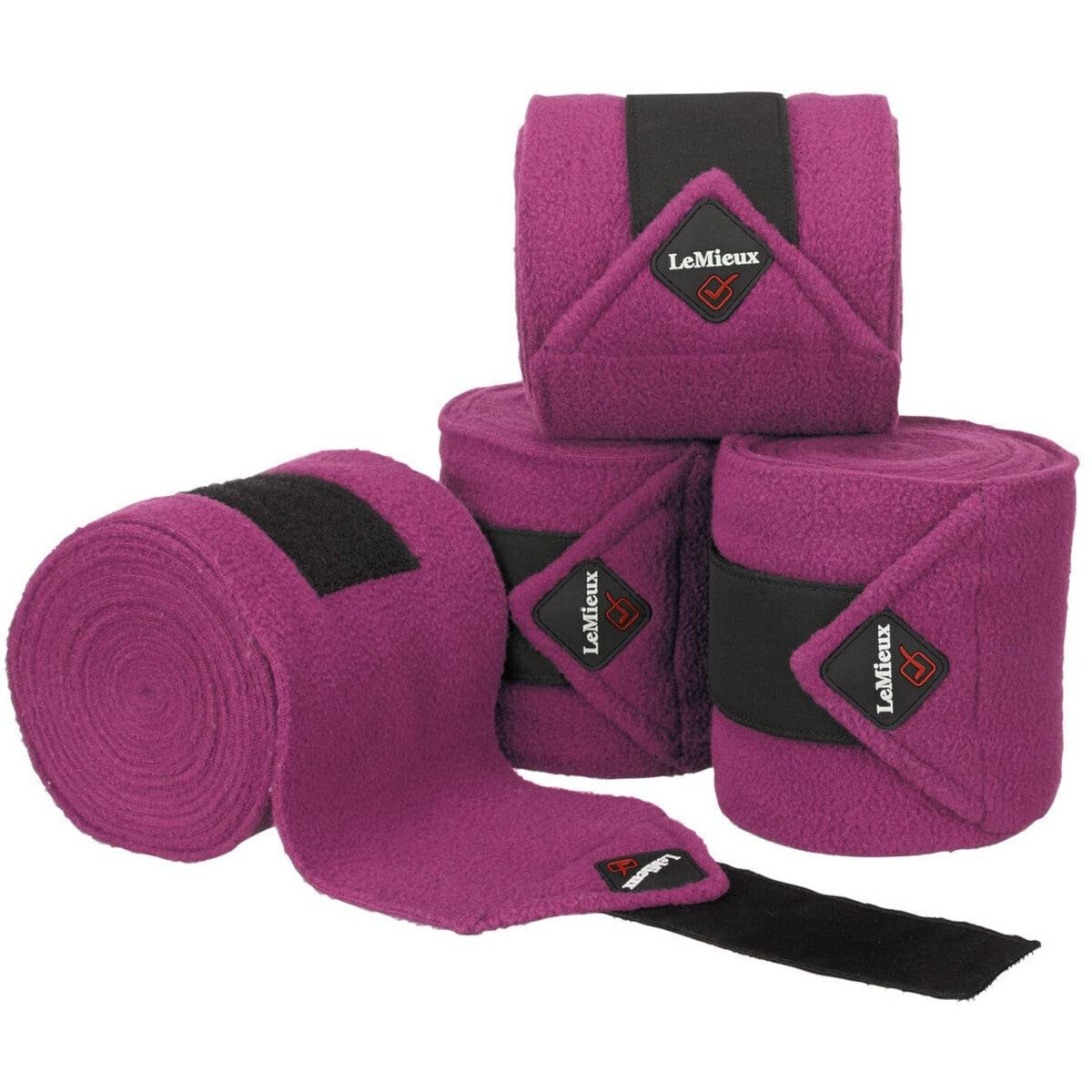 LeMieux Classic Polo Full Exercise Bandages in Plum with Zipped Case - Soft Fleece Protection Wraps - 3.8 m Long - Pack of 4