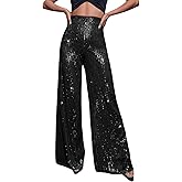 Women Sequin Bell Bottom Pants Shiny Sparkle Elastic Waist Wide Leg Trousers Flowy Party Club Night Out Pants