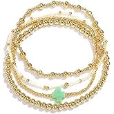 SHINUS BOHO 4PCS/Set Cross 14K Gold Ball Beaded Bracelets Stack for Women,Handmade Bohemian Colorful Beads Stretch Stackable Bracelets Fashion Prom Jewelry Gift