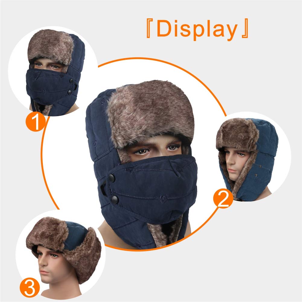 Winter Trapper Hat for Men Women Warm Ushanka Aviator Russian Windproof Hat with Mask,Blue