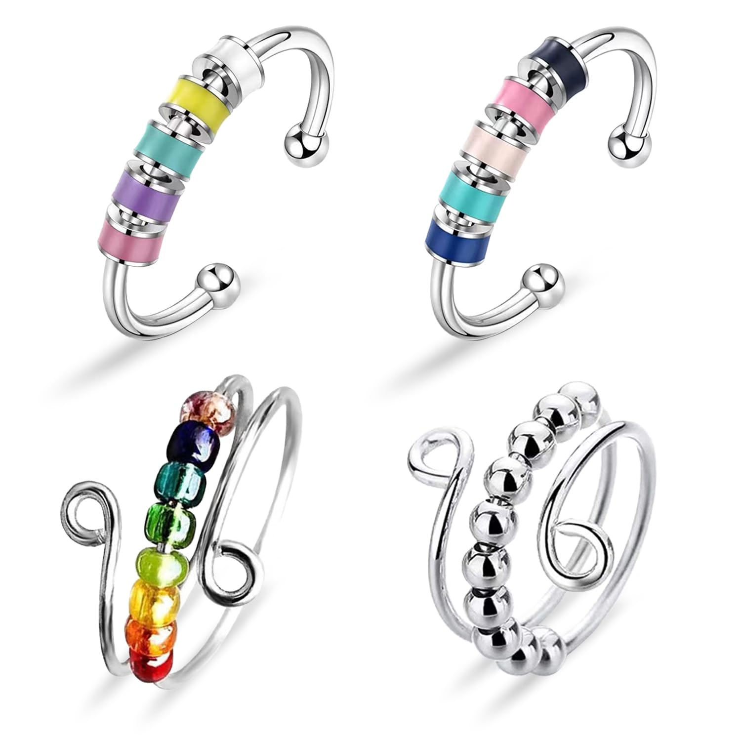 Yeefunjoy 4pc Fidget Rings - Spinning Enamel & Adjustable Stress Relief Bead Rings - Gifts for Women & Kids