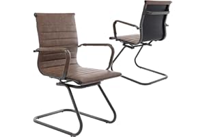 WAHSON OFFICE CHAIRS Wahson Office Guest Chairs No Wheels & Reception Chair, Leather Waiting Room Chairs Mid Back Conference Chair with Sled Base for Meeting/Lobby/Restroom, Brown (2 Pack)