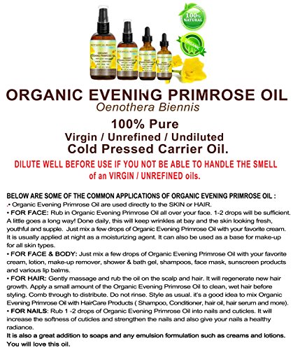 ORGANIC EVENING PRIMROSE OIL. 100% Pure / Natural / Undiluted / Unrefined /Certified Organic/ Cold Pressed Carrier Oil. Rich antioxidant to rejuvenate and moisturize the skin and hair. 0.5 Fl.oz.- 15 ml. by Botanical Beauty