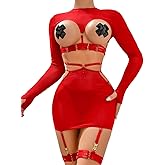 Kaei&Shi Strappy Lingerie,Sheer Mesh Long Sleeve High Waisted Lingeries Skirt Set,Rave Outfits For Women Sexy Festival