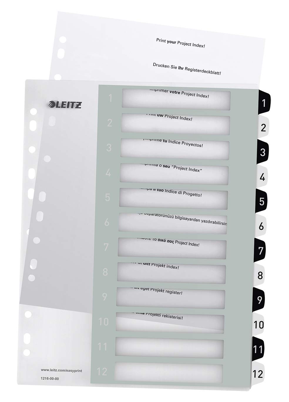 Leitz WOW Printable Index, Extra-Wide, 1-12 Numbered Tabs, PP, A4, White/Black, 12160000