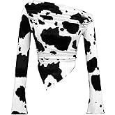 WDIRARA Women's Cow Print One Shoulder T Shirt Y2k Long Bell Sleeve Tees Ruched Asymmetrical Crop Tops