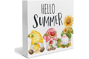 HEIJIE Hello Summer Wood Box Sign Desk Decor Lemon Watermelon Sunflower Gnomes Wood Block Sign Decor for Home Shelf Wall