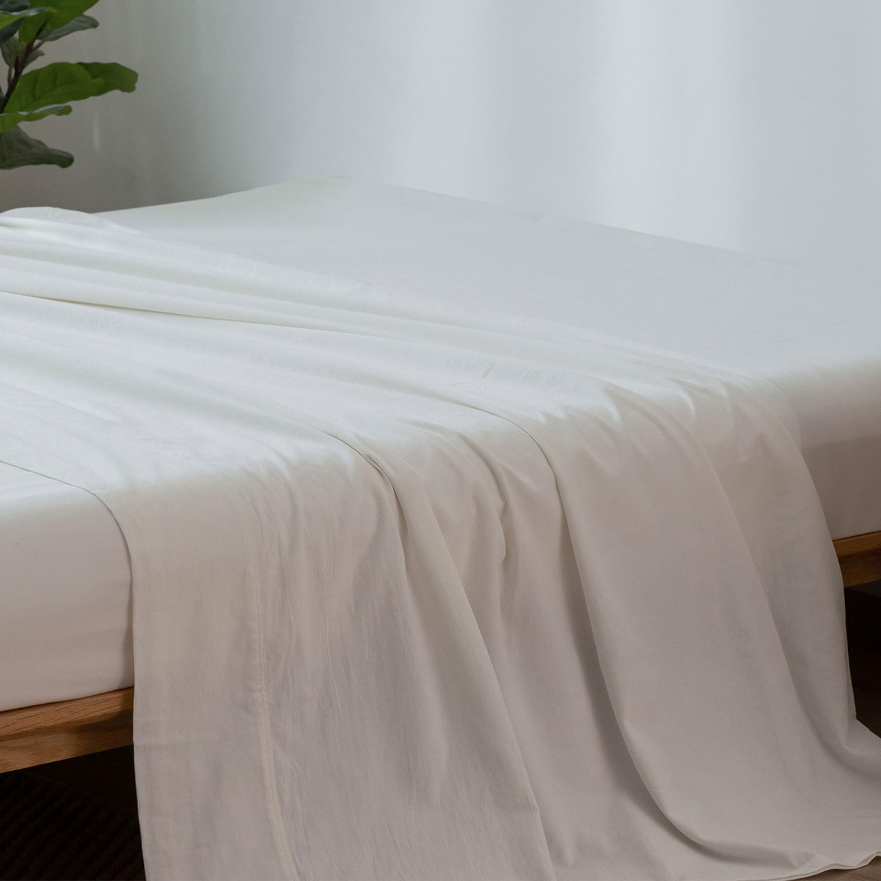 Photo 1 of MooMee Flat Top Sheet Only 100% Washed Cotton Linen Like Textured Breathable Durable Soft Comfy (Off White, Queen)