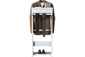 PUPPYWARM Valet Stand for Men, Suit Valet Stand with Top Tray, Flip-up Storage Box, Hat Holder, Coat Hanger, Tie & Belt Hooks and Shoe Rack for Entryway Office Living Room Room (White)