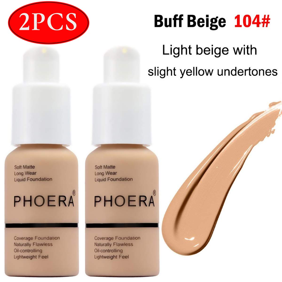 2PCS Matte Oil Control Concealer Foundation Cream,30ml Natural Moisturizing Highlighting Long Lasting Waterproof Matte Liquid Foundation (104 Buff Beige)