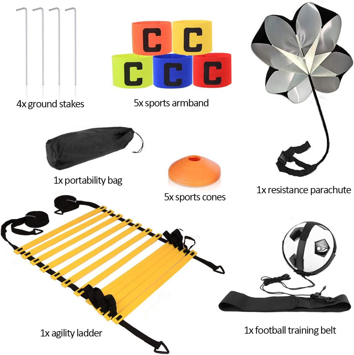 KIKILIVE Speed Agility Training Set, Exercise Equipment Kit for Soccer/Football- Premium Agility Ladder, Resistance Running Parachute, Sports Cones, Metal Pegs & Carrying Bag, Training Belt, Armband : Sports & Outdoors