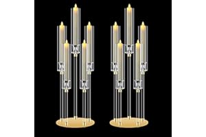 2 Set 5 Arm Acrylic Candle Holder, Mjkeomo 38.5'' Tall Candelabra Centerpieces for Tables Clear Candlesticks Holder for Housewarming Gift Fireplace Halloween Christmas Decor Fit 0.87'' LED Candle