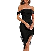 BeryLove Women’s Sexy Off Shoulder Mesh Midi Wedding Guest Dresses Ruched Bodycon Ruffled Cocktail Dress