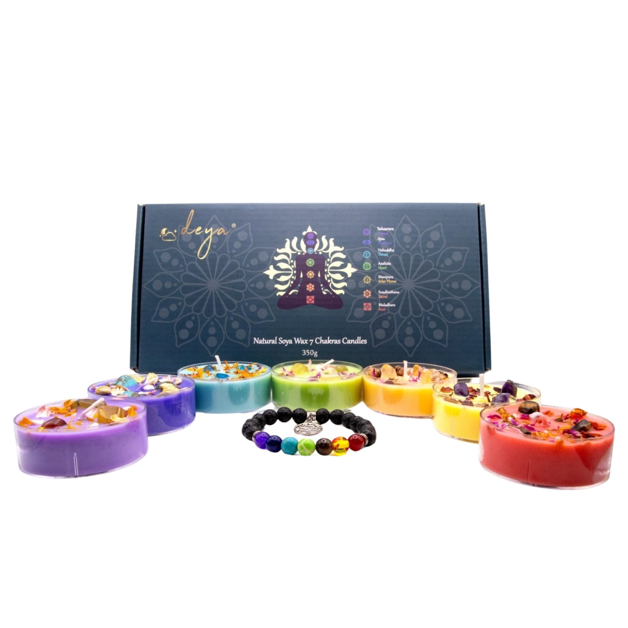 Complete Set of 7 Chakra Scented Soy Wax Candles Infused with Crystals and Flowers Includes Natural Stone 7Chakra Bracelet with Tree Pendant Gift, Best Gift for Women,for Yoga,Meditation 350g