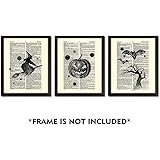 SUMGAR Halloween Decor Vintage Dictionary Page Papers Posters Pumpkin Lantern Witch on Broom Bat Night Flight Spooky Art Prints Set of 3-8x10s
