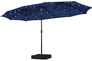 Yaheetech 15 ft Large Patio Umbrella with Solar Lights Double-Sided Outdoor Rectangle Market Umbrellas with 36 LED Lights/Base Included/Crank for Patio Garden Yard Pool, Navy Blue