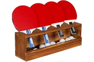 DERKERRY Ping Pong Paddle Storage Rack - Wall Mounted Table Tennis Holder for 4 Rackets and Balls Storage in Garage, Bedroom, Home, Rustic Burnt