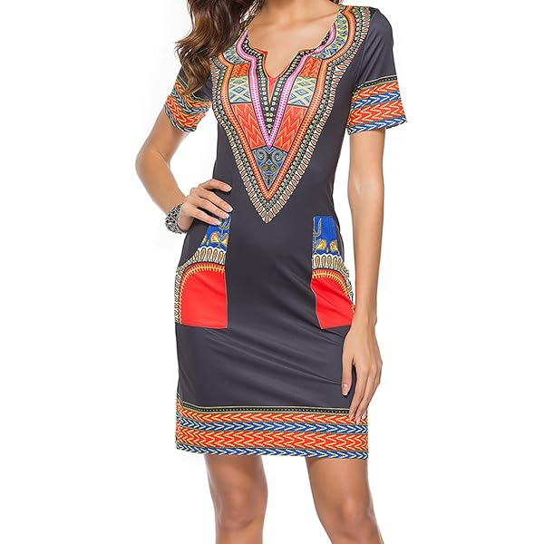 VisiChenup African Dress for Women Elegant Tribal Print Short Sleeve Bodycon  White Ladies Midi Dresses with Zipper at Amazon Women's Clothing store