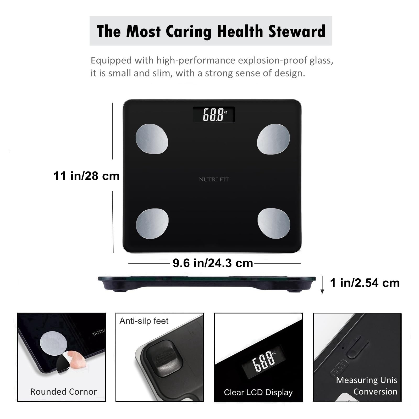 NUTRI FIT Bathroom Weighing Scale for Body Weight and Fat, Digital Smart Scale with Bluetooth, Body Composition Watchers with APP for BMI, Muscle, Weight Loss, Max 150kg/330lb
