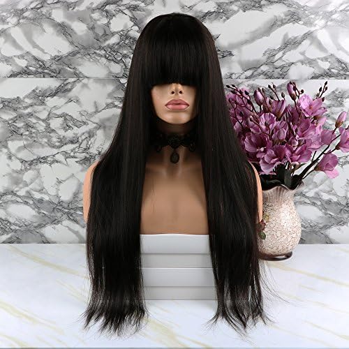 Nantansha Long Straight Lace Front Wig 130% Density Top Grade 8A Human Hair Wig Free Part Bleach Knots With Beautiful Bang (24 Inches)