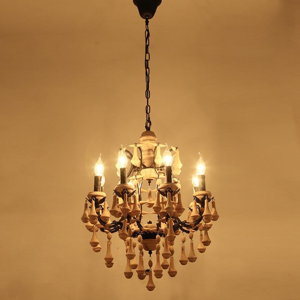 BJVB Antique do The old Wood Iron Candle Chandelier Wood Bead Pendant Lamp