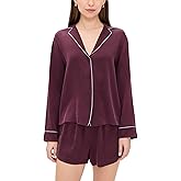 Lunya Women's Washable Silk Piped Button Up Long Sleeve and Shorts Pajama Set