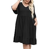 Celkuser Plus Size Summer Midi Casual Ruffle Short Sleeve Dress Lightweight Flowy Babydoll Beach Dress for Women with Pocket