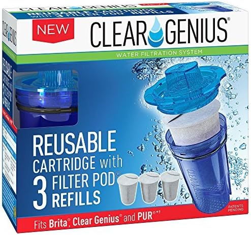 Clear Genius Reusable Cartridge With Filterpod Refill SU-31, Includes Reusable Filter Cartridge and 3 Filter Pod Refills, Lasts for 2 months, Blue, Fits Brita & Pur