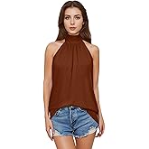 AliChan Womens Summer Sleeveless Mock Neck Halter Tank Tops Tie Back Pleated Casual Keyhole Cami Blouse