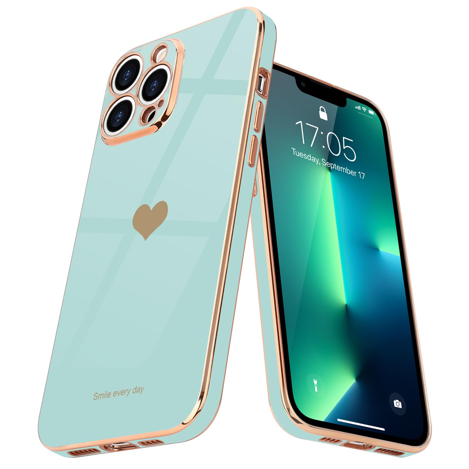 Teageo for iPhone 13 Pro Case Cute Heart Pattern for Women Girls Slim Luxury Bling Plating Soft TPU Anti-Scratch Shockproof Bumper Phone Case for iPhone 13 Pro, Pearl Aqua