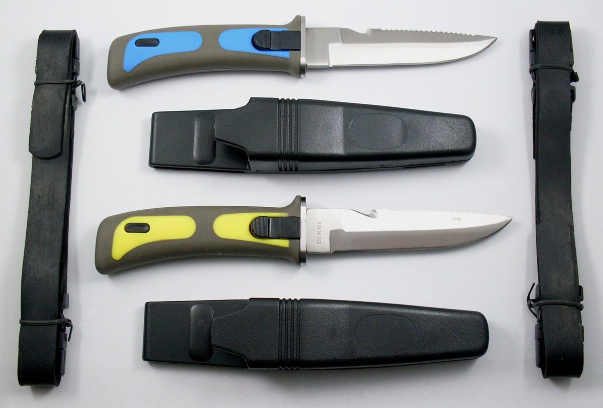 2 Scuba Diver Knives Diving Gear Knife Navy Seal Sheath Blue & Yellow