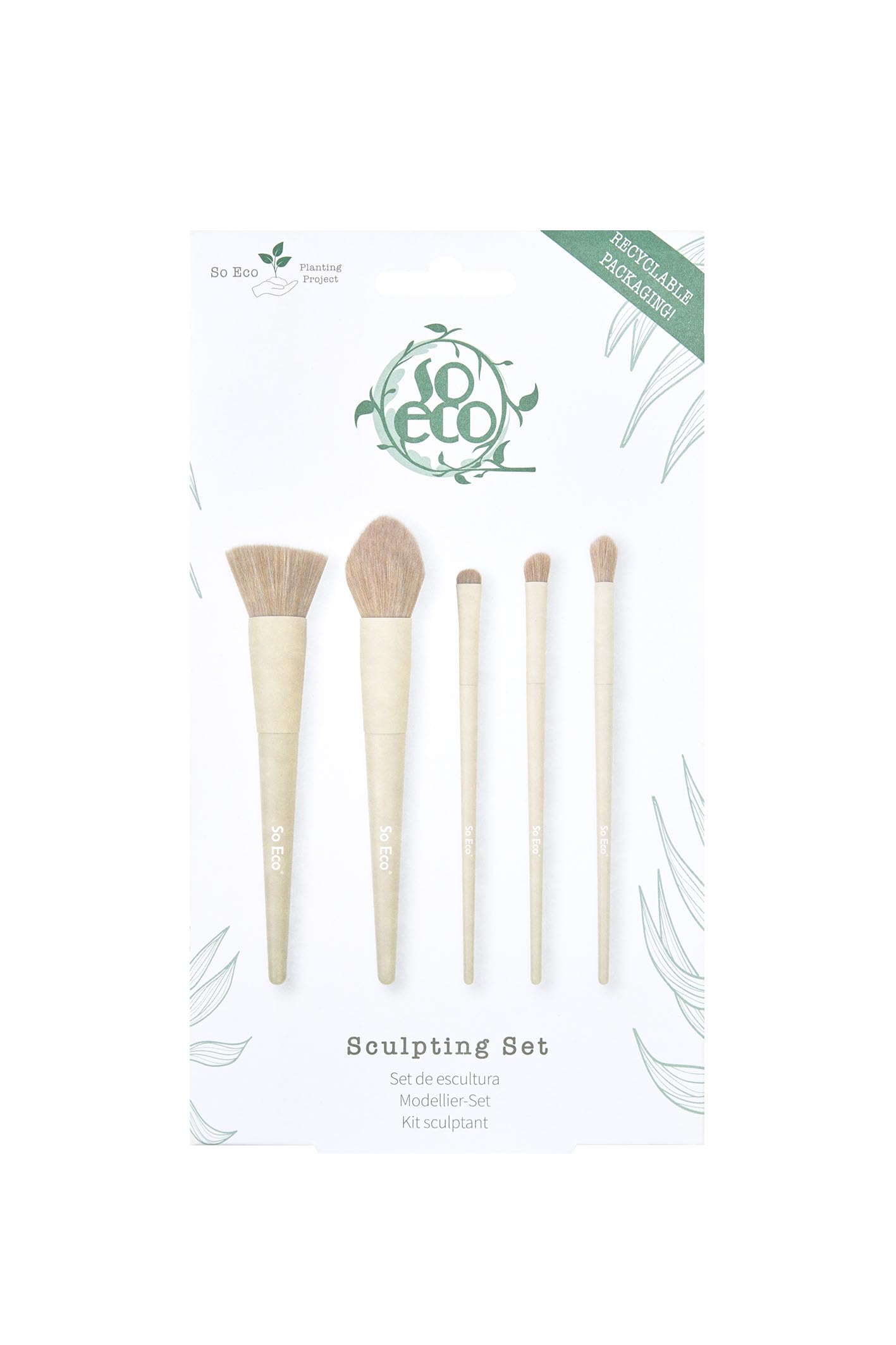 So Eco Sculpting Makeup Brush Set - 5-Piece Vegan & Cruelty-Free Facial & Eye Brush Kit for Buffing, Blending & Shading, Soft Synthetic Bristles, Birchwood Handles, Plastic-Free Packaging