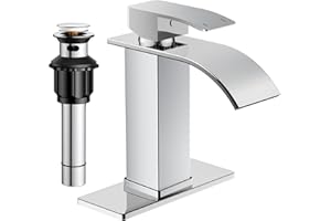 FORIOUS Bathroom Faucet, Waterfall Bathroom Sink Faucet 1 or 3 Hole with Deck Plate and Pop-Up Drain, Single Handle Washroom 