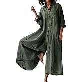 CHARTOU Women Linen Button Down Long Sleeve Wide Leg Jumpsuit Beach Palazzo Pants One Piece Jumpsuit