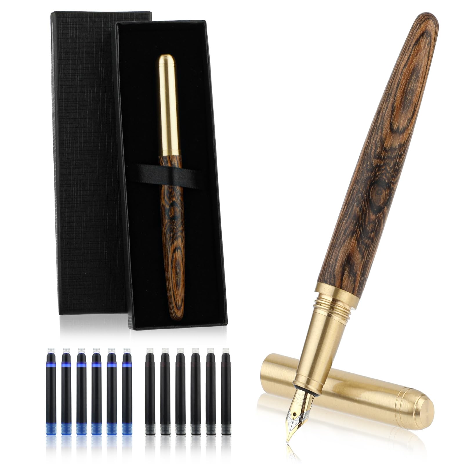 Cobee Handcrafted Wooden Fountain Pens Set, Vintage Luxury Wood Fountain Pen 0.5mm Fine Point Smooth Writing Pen With 12 Ink 2.6 mm Cartridges and Gift Box for Journaling Calligraphy Supplies(B)