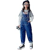 Rolanko Girls Overalls Denim Bib Distressed Jumpsuit Kids Blue Baggy Jean Pants 4-14 Years with Pockets