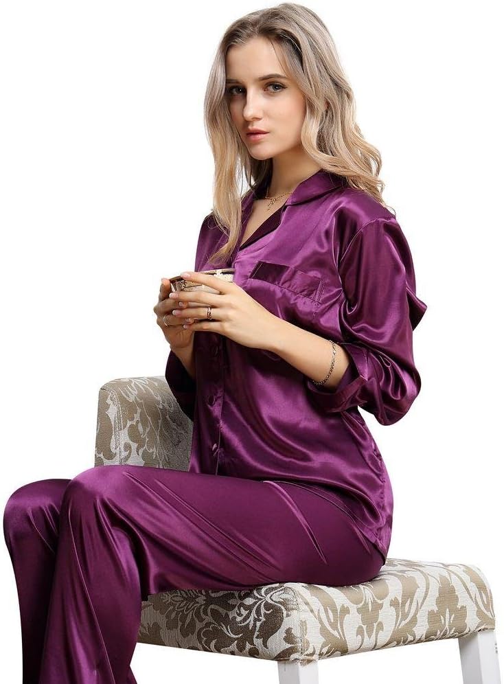 LONXUWomens Silk Satin Pajamas Set Sleepwear Loungewear XS~3XL_Gifts