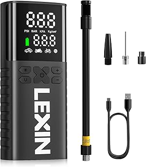 LEXIN Elektrische Luftpumpe, Akku Kompressor, Tragbare Luftpumpe Fahrrad 150 PSI (10,3 Bar), Luftkompressor für Fahrrad Auto Motorrad Bälle, Mini Reifenpumpe mit LED-Anzeige, Notbeleuchtung
