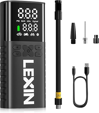LEXIN Elektrische Luftpumpe, Akku Kompressor, Tragbare Luftpumpe Fahrrad 150 PSI (10,3 Bar), Luftkompressor für Fahrrad Auto Motorrad Bälle, Mini Reifenpumpe mit LED-Anzeige, Notbeleuchtung