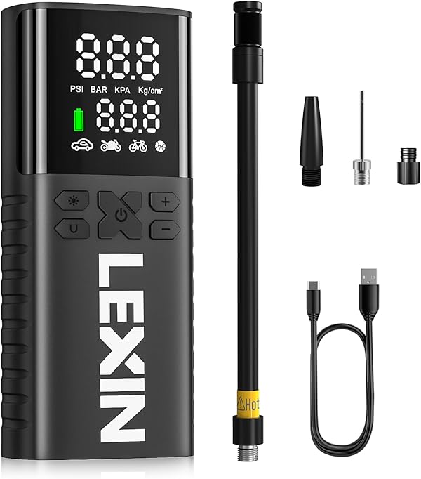 LEXIN Elektrische Luftpumpe, Akku Kompressor, Tragbare Luftpumpe Fahrrad 150 PSI (10,3 Bar), Luftkompressor für Fahrrad Auto Motorrad Bälle, Mini Reifenpumpe mit LED-Anzeige, Notbeleuchtung