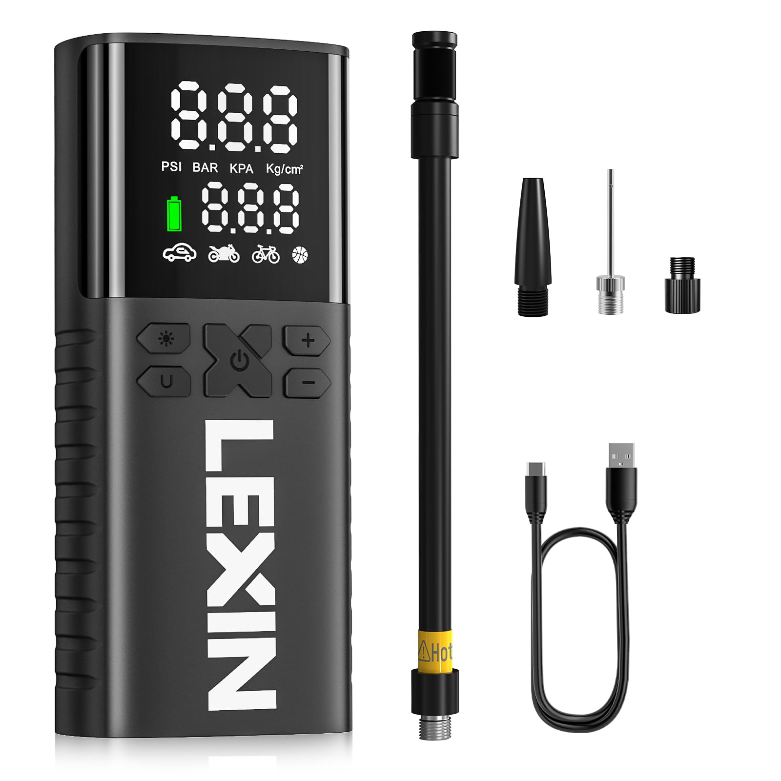 LEXIN P4 Elektrische Luftpumpe, Akku Kompressor 4000mAh, Tragbare Luftpumpe Fahrrad 150 PSI (10,3 Bar), Luftkompressor für Fahrrad Auto Motorrad Bälle, Mini Reifenpumpe mit LED-Anzeige, Notbeleuchtung