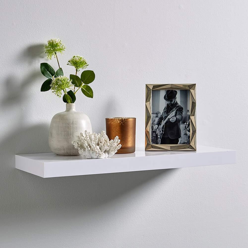 Home Source Pair of 2 Floating Wall Mounted Storage Shelf Wooden DVD Book Shelves, White Gloss, 80 cm, 2X 80 cm