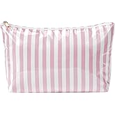 Large PVC Waterproof Striped Makeup Bag,Clear Coated Cosmetic Bags,Easy to Clean,Travel Organizer Zipper Pouch Beach Vacation Essentials for Women Girls(04Pink Stripe)