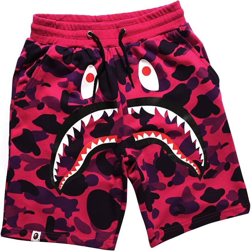 Shark Pattern Camouflage Stitching Shorts Men Drawstring Sports Shorts