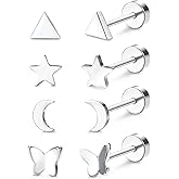 MILACOLATO 5Pairs G23 Titanium Flat Back Earrings Surgical Stainless Steel Stud Earrings for Women Men Opal Pearl Turquoise Cubic Zirconia Sleeper Cartilage Screwback Earrings Piercing Studs Titanium Earrings for Sensitive Ears