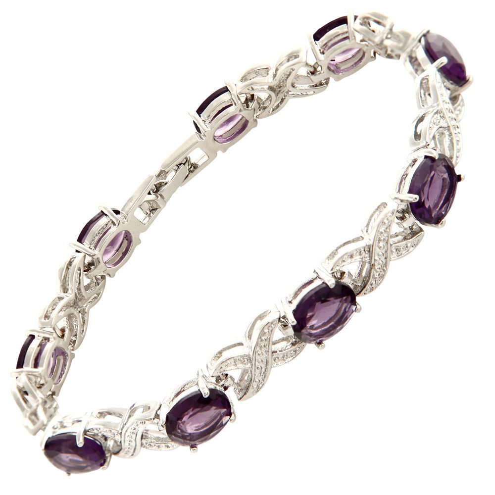 RIZILIA XOXO Link Tennis Bracelet [18cm/7inch] with Oval Cut Gemstones CZ [Purple Amethyst] in 18K White Gold Plated, Simple Modern Elegance