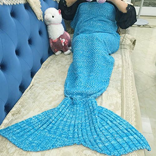 Handcraft Knitted Mermaid Tail Blanket Sofa Quilt Living Room Blanket Mermaid Blankets for Adults and Kids, 72.8x35.4 inch (Bright Blue)