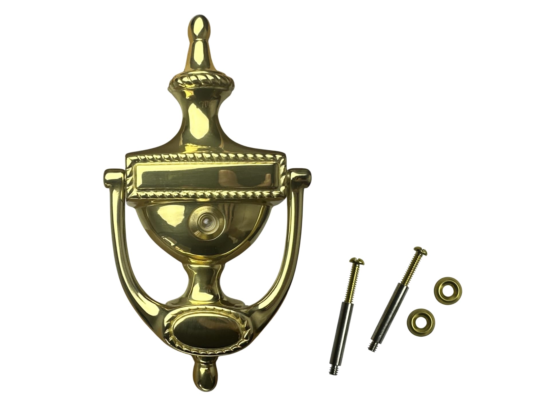 QCAA Solid Brass Door Knocker, Victorian Rope Type, 7-3/8", with 160 Degree Glass Len Door Viewer (UL Listed), Polished Brass, 1 Pack, Made in Taiwan