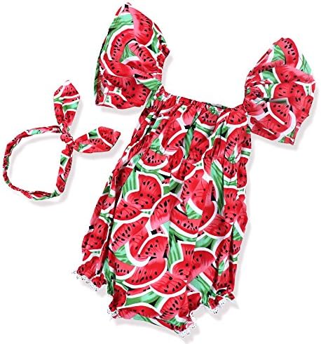 Newborn Baby Girls Summer Clothes Pink Swimsuit Watermelons Printed Ruffle Romper with Bowknot Headband (6-12 Months)