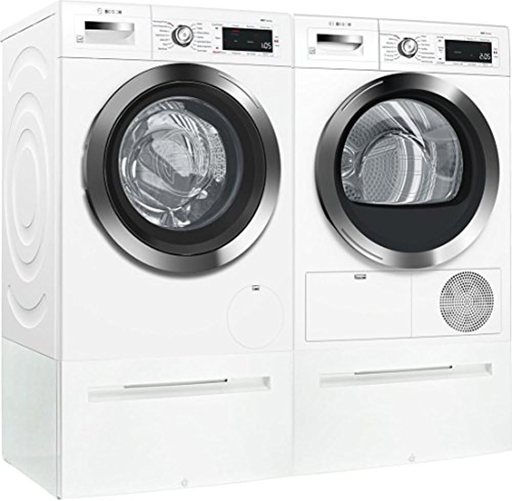 Bosch White Front Load Compact Laundry Pair with WAW285H2UC 24" Washer, WTG865H2UC 24" Condensation Electric Dryer and 2 WMZ20490 Laundery Pedestal